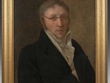 a painting of a man in a black coat and white shirt