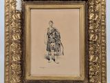 un dessin représentant un homme en kilt est présenté dans un cadre doré