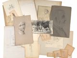 several old photographs of men and women are displayed on a white surface