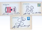 three signed autographs of a can of soup and a can of beer