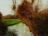 une photo d'un tableau représentant une rivière et des arbres