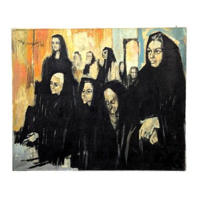 une image représentant un tableau où l'on voit un groupe de femmes vêtues de robes noires