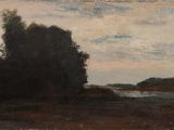 an image of a painting of a landscape with trees and a body of water