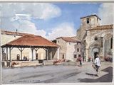 a painting of a man walking down the street in front of a building