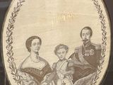 an old picture of a family portrait in a glass case