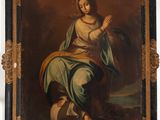 an old painting of a woman sitting on a rock with a dove in her hand