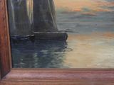 a painting of a sailboat on the water at sunset