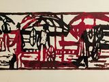 a red and black painting on a white wall