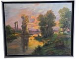 tableau représentant un coucher de soleil sur une rivière, avec une maison et des arbres