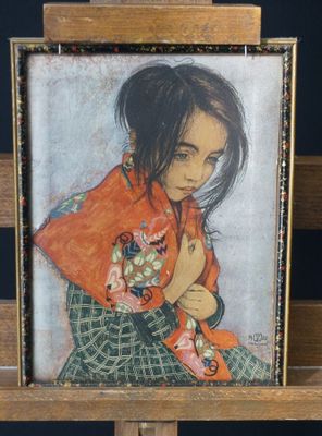painting of a woman with a red scarf on a wooden easel