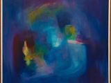 un tableau représentant un vase bleu contenant deux fleurs jaunes