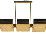 three light chandelier with black and gold shades on a white background