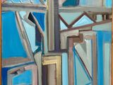 une peinture à l'huile représentant un bâtiment avec un ciel bleu en arrière-plan