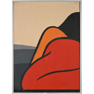 une peinture représentant une œuvre abstraite rouge et noire avec des montagnes en arrière-plan