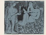 un dessin représentant un homme et une femme assis sur un lit