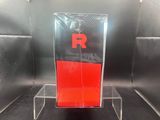 a red box with a black and white logo on it