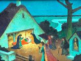 a painting of a nativity scene in a small village