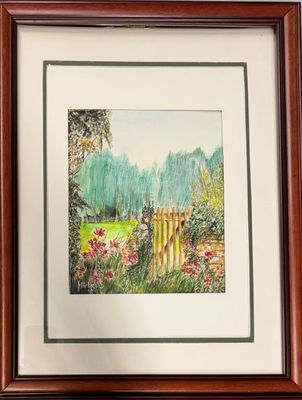 framed watercolor painting of a garden scene with a fence and flowers