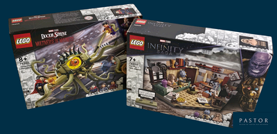 deux boîtes de sets Lego Marvel « Infinity War » sur fond bleu