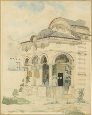 an image of a painting of a building with a clock on the front of it