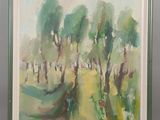 un tableau représentant des arbres dans un champ d'herbe verte