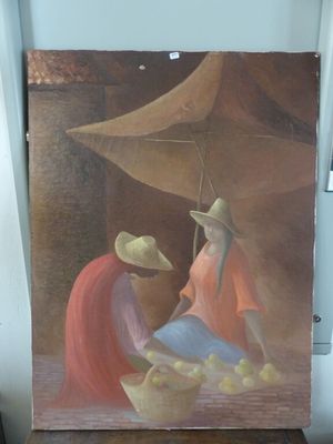 un tableau représentant une femme et un homme assis sous un parapluie