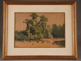an image of a painting of a park scene with trees and people