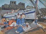 un tableau représentant un groupe de personnes travaillant sur un bateau