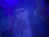 painting of a man with a long beard and a blue light