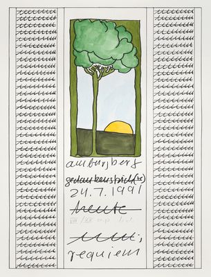 a drawing of a tree with a sun in the background