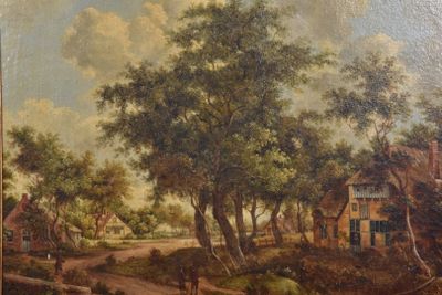painting of a country road with a house and cows in the foreground