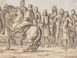 un dessin représentant un homme à cheval entouré d'un groupe de personnes
