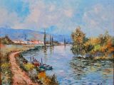 an oil painting of a river scene with boats on the water