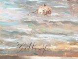 a painting of a cow in the water with a bird on it