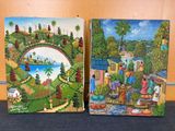 two paintings of people in a garden with a bridge over a body of water