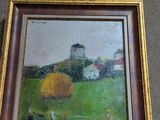 an oil painting of a farm scene with a barn in the background