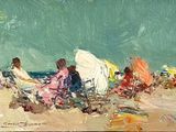 tableau représentant un groupe de personnes assises sur une plage sous des parasols