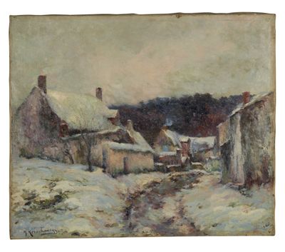 une image d'un tableau représentant un village dans la neige