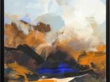 an oil painting of a landscape with a river and mountains in the background
