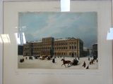 une photo d'une photo représentant un cheval et une calèche devant un bâtiment
