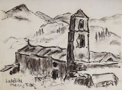 dessin représentant une vieille église avec un clocher et une tour de clocher