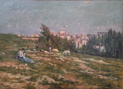 tableau représentant une femme assise sur une colline, avec un village en arrière-plan