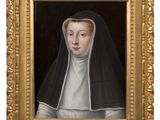 a painting of a nun wearing a black robe and a white robe