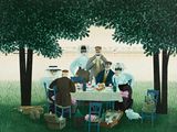 une peinture représentant un groupe de personnes assises autour d'une table
