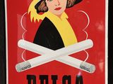 an image of a red sign with a picture of a woman in a hat and a cigarette