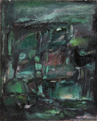an oil painting of a green and black painting on a wooden surface