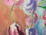 a painting of flowers in a vase on a table