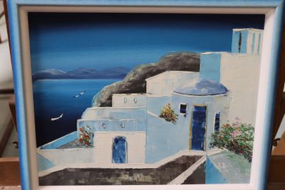 a picture of a picture of a blue and white building
