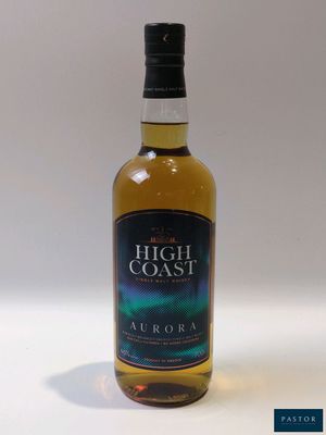 a bottle of high coast aurora whisky sitting on a white surface