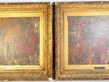 two paintings of a man and a woman are hanging on a wall